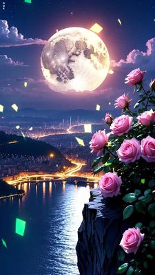 Открытка «Доброй ночи»: Доброй ночи: Ночной пейзаж с луной и розами.