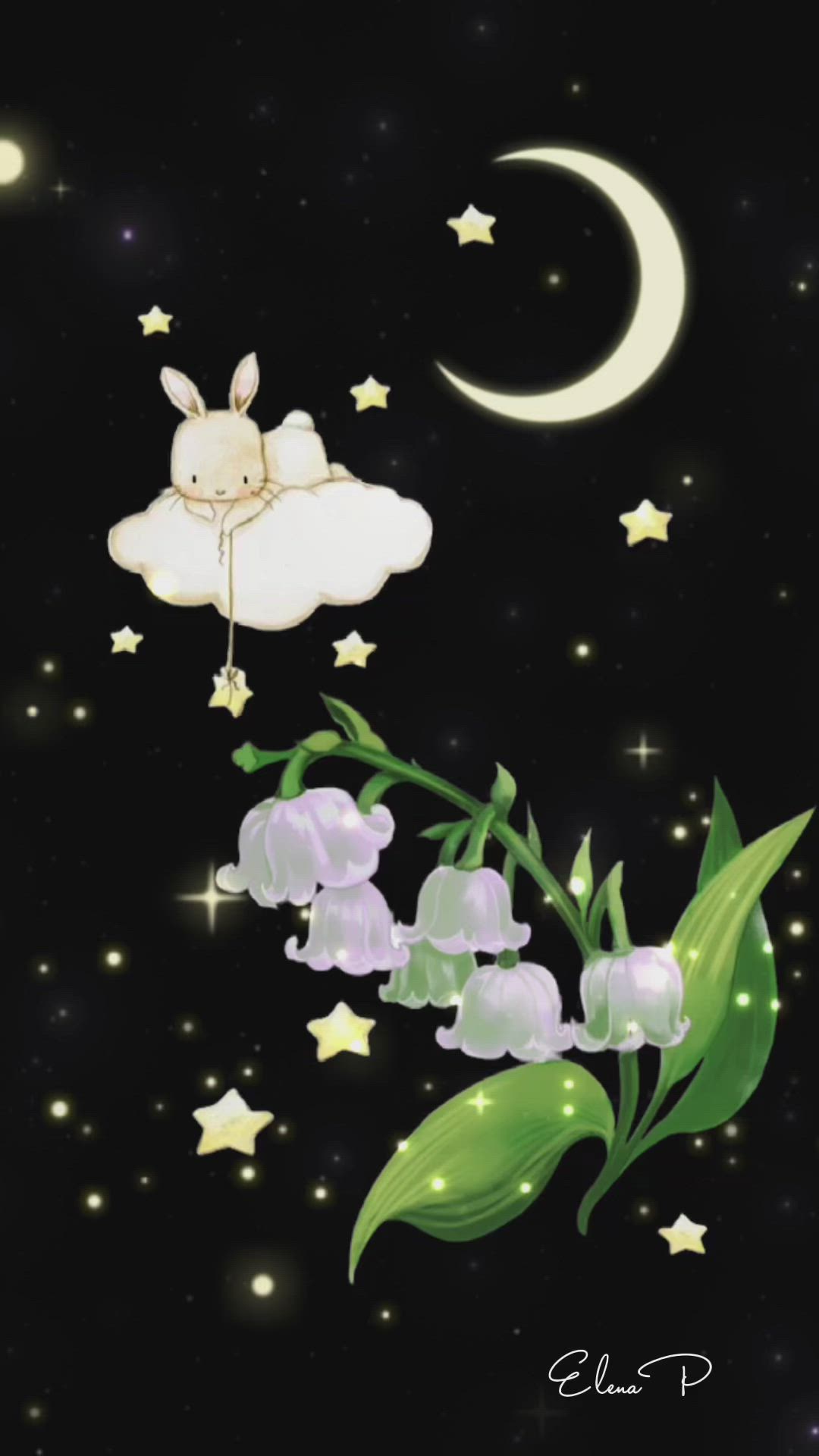 Открытка «Спокойной ночи»: Спокойной ночи: «Сказочный зайка у луны и ландыши». Тэги: Спокойной ночи, с пожеланиями…