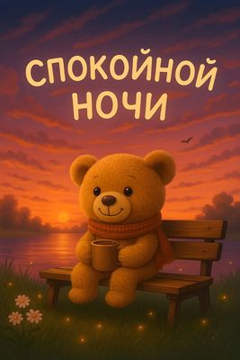 Открытка «Спокойной ночи»: Спокойной ночи: милый медведь с чашкой на закате. Тэги: Спокойной ночи, красивые, Спокойно…