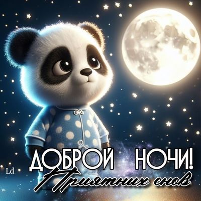 Открытка «Доброй ночи»: Доброй ночи: Милая панда в пижаме под луной. Тэги: Спокойной ночи, Спокойной ночи, с пожелани…