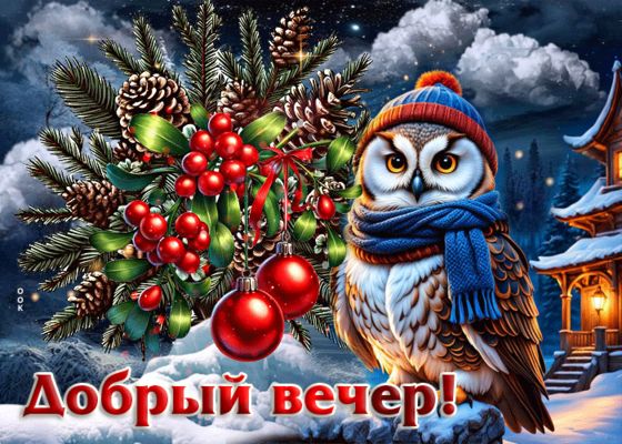 Открытка «Добрый вечер и пожелания»: Добрый вечер! Милая совушка в шапке и зимний пейзаж. Тэги: Добрый зимний вечер…