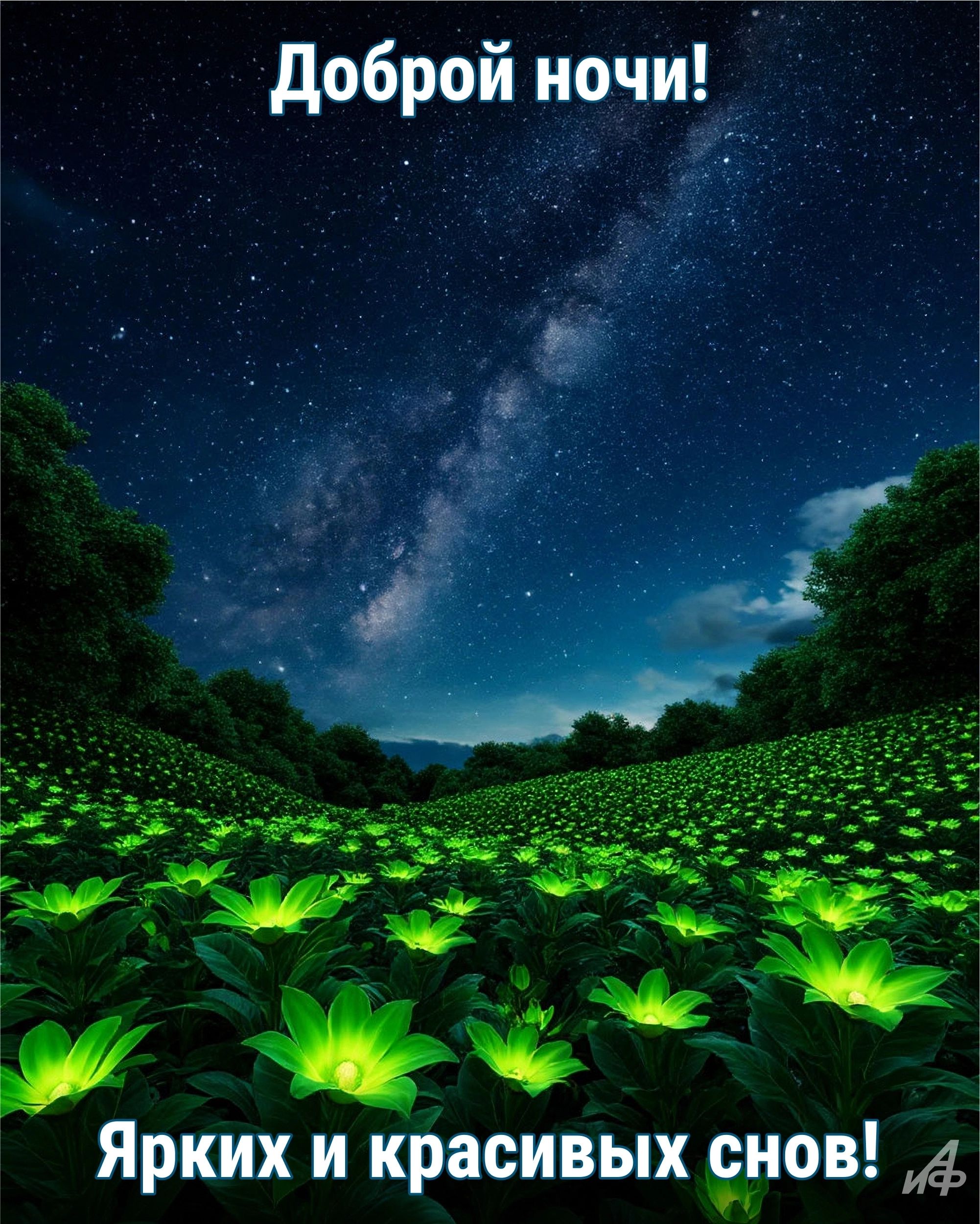 Открытка «Доброй ночи»: Доброй ночи: Магическое поле под звездным небом. Тэги: пожелание, яркий, красивый, небо…