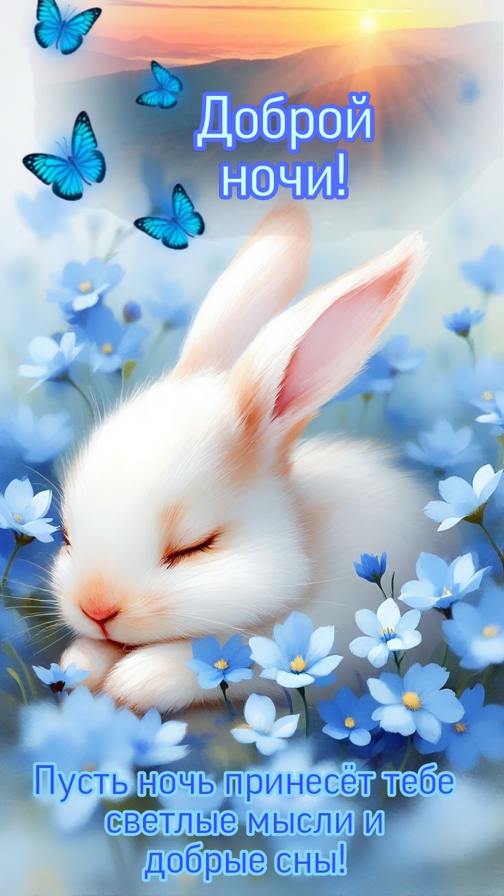 Открытка «Доброй ночи»: Доброй ночи: милый зайчик в голубых цветах. Тэги: Спокойной ночи, Спокойной ночи, с пожелания…
