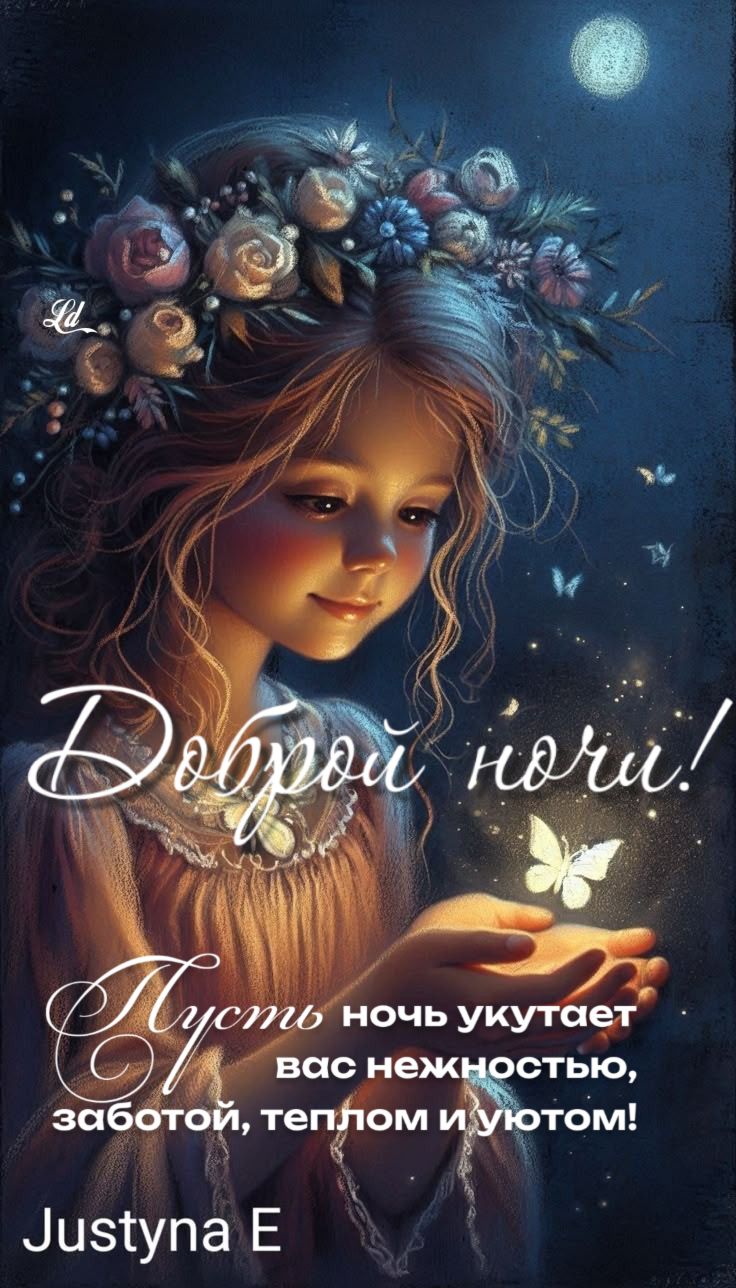 Открытка «Доброй ночи»: Доброй ночи: Волшебное пожелание с девушкой и бабочкой.