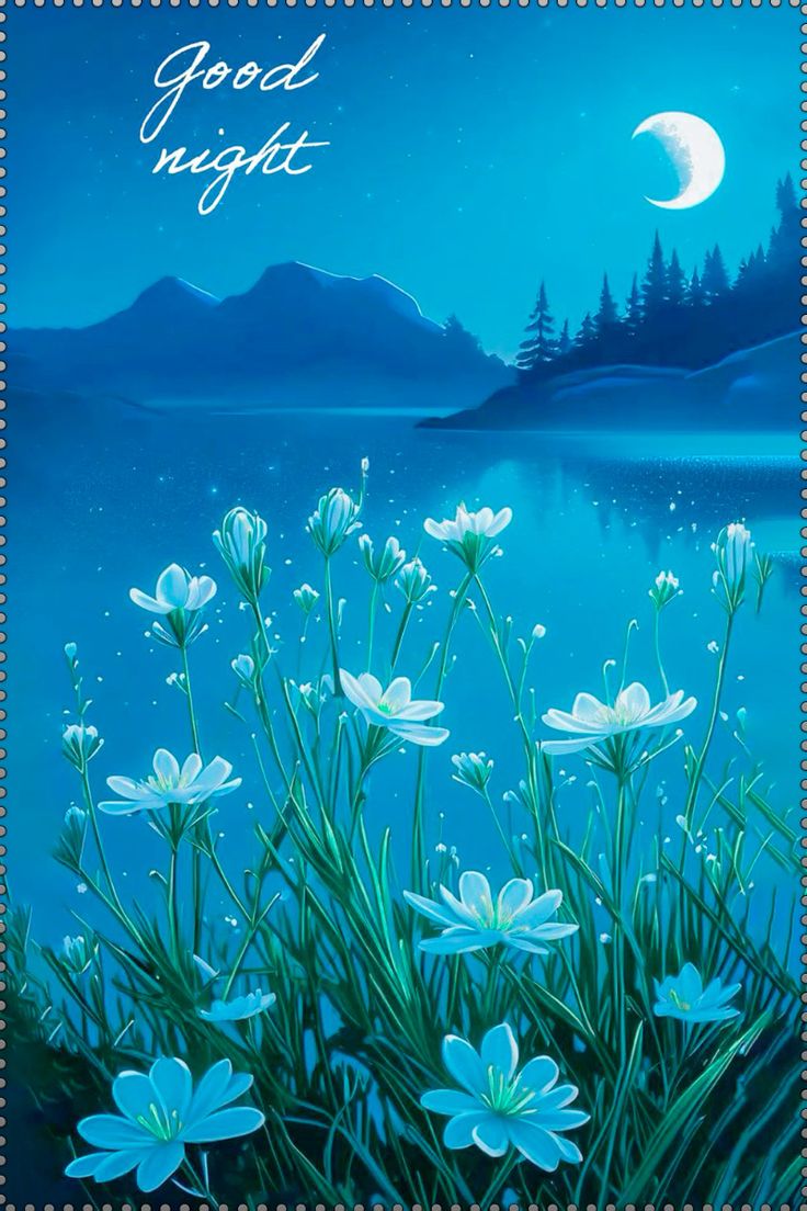 Открытка «Спокойной ночи»: Спокойной ночи: волшебный ночной пейзаж с луной. Тэги: надпись, красивый, отдых, небо…
