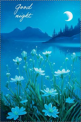 Открытка «Спокойной ночи»: Спокойной ночи: волшебный ночной пейзаж с луной. Тэги: надпись, красивый, отдых, небо…