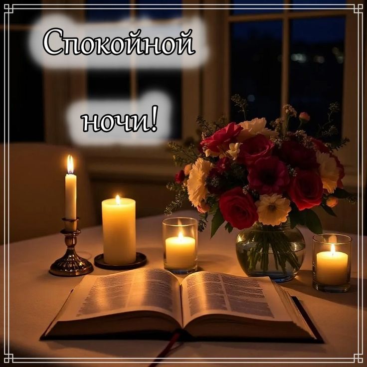 Открытка «Спокойной ночи»: Спокойной ночи: Уютный вечер с книгой и цветами. Тэги: Спокойной ночи, красивые, Спокойной…
