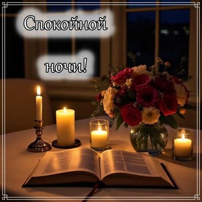Открытка «Спокойной ночи»: Спокойной ночи: Уютный вечер с книгой и цветами. Тэги: Спокойной ночи, красивые, Спокойной…