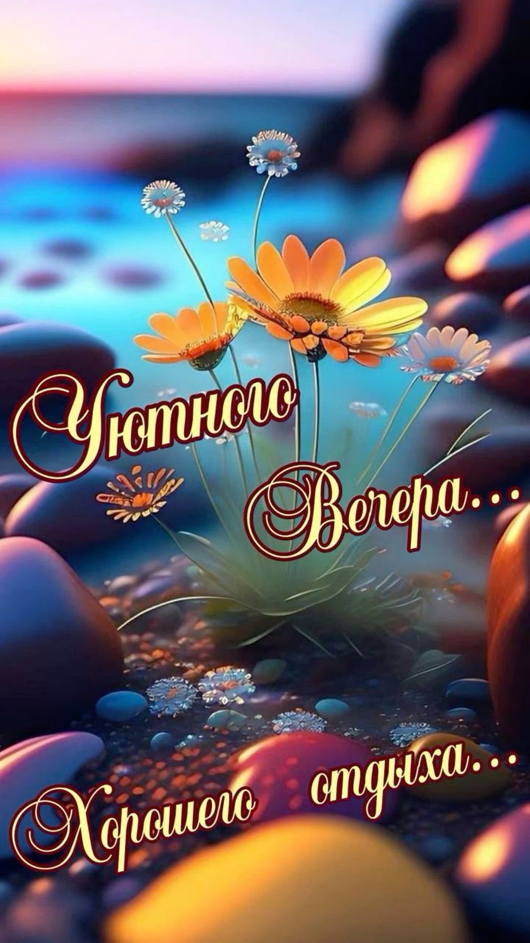 Открытка «Добрый вечер и пожелания»: Уютного вечера: пожелание приятного отдыха с цветами. Тэги: Добрый вечер красивые…