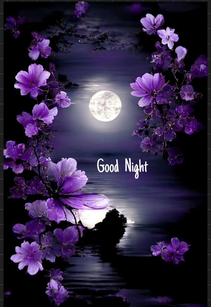 Открытка «Доброй ночи»: Доброй ночи: Красивая открытка с луной и цветами. Тэги: Добрый вечер и пожелания, Добрый вече…