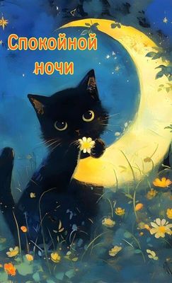 Открытка «Спокойной ночи»: Спокойной ночи: Милый черный кот и луна. Тэги: Спокойной ночи, красивые, Спокойной ночи…