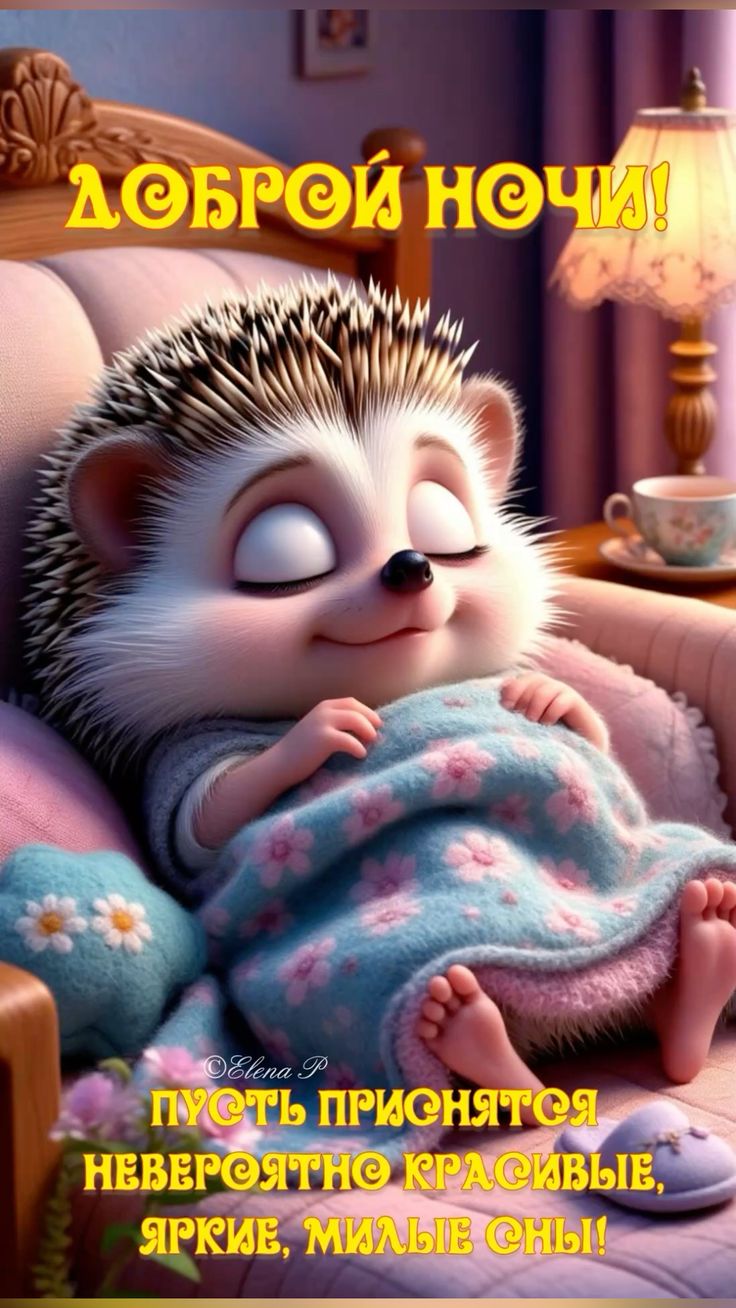 Открытка «Доброй ночи»: Доброй ночи: Милый еж и красивые пожелания.