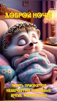 Открытка «Доброй ночи»: Доброй ночи: Милый еж и красивые пожелания.