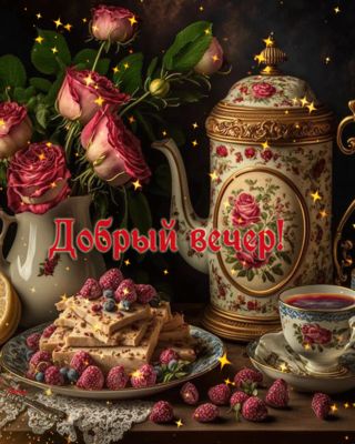 Открытка «Пожелание»: Добрый вечер: чай с малиной и розами. Тэги: настроение, радость, чай, чашка, малина, красивый…
