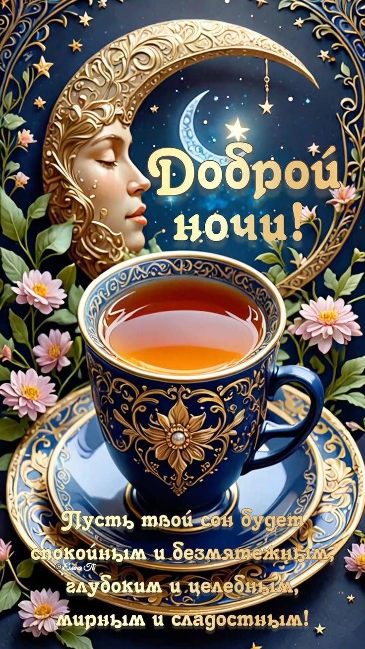 Открытка «Доброй ночи»: Доброй ночи: Волшебный чай и сладкие сны.