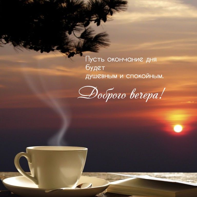 Открытка «Добрый вечер и пожелания»: Доброго вечера: уютная чашка чая на фоне заката. Тэги: Добрый вечер красивые…