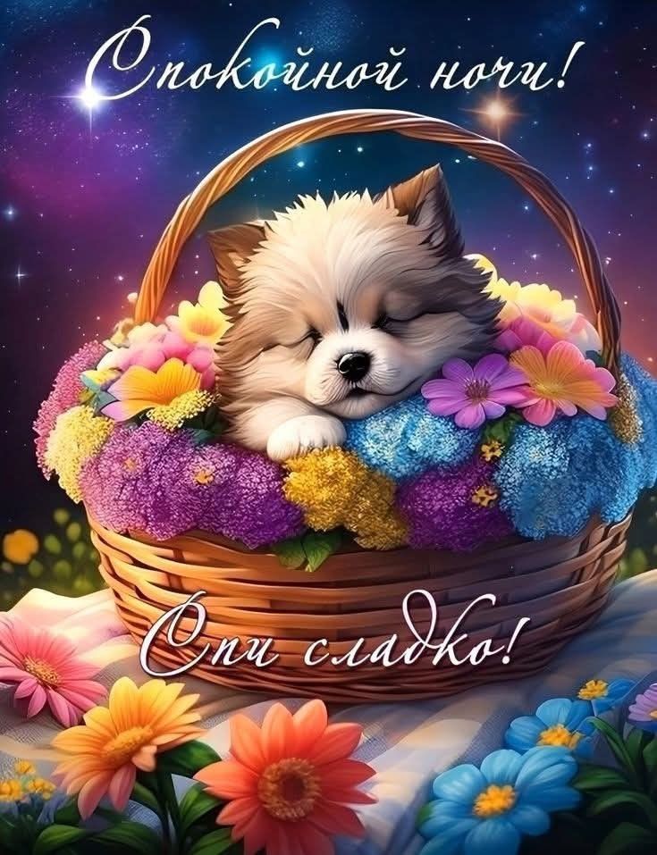 Открытка «Спокойной ночи»: Стихи с доброй ночи: милый щеночек среди цветов. Тэги: Спокойной ночи, красивые, Спокойной…