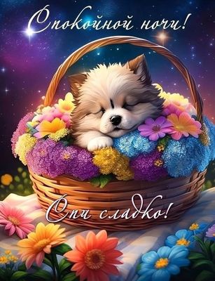 Открытка «Спокойной ночи»: Стихи с доброй ночи: милый щеночек среди цветов. Тэги: Спокойной ночи, красивые, Спокойной…