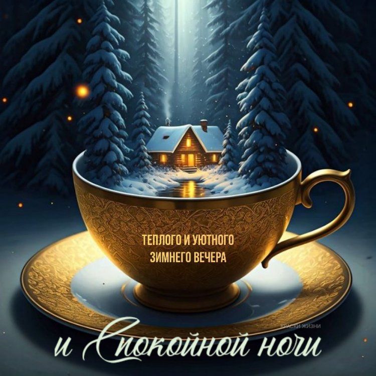 Открытка «Доброй ночи»: Доброй ночи: Магический зимний вечер в чашке.