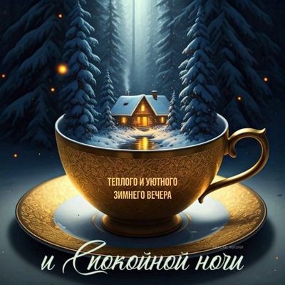 Открытка «Доброй ночи»: Доброй ночи: Магический зимний вечер в чашке.