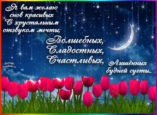 Открытка «Доброй ночи»: Доброй ночи: пожелание красивых снов с тюльпанами.