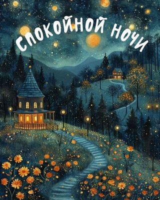 Открытка «Спокойной ночи»: Спокойной ночи: Волшебный ночной пейзаж с уютным домом. Тэги: Спокойной ночи, красивые…