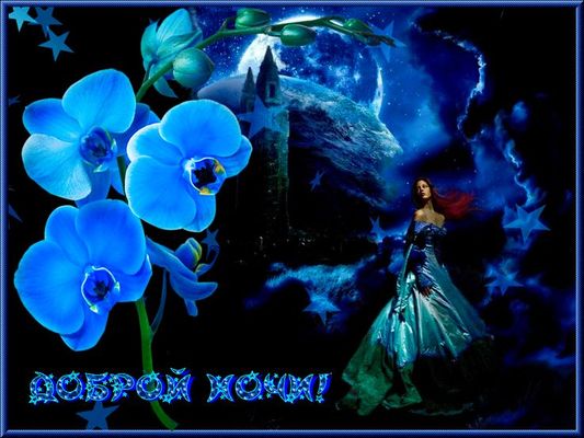 Открытка «Доброй ночи»: Доброй ночи: Волшебная фея и голубые орхидеи.