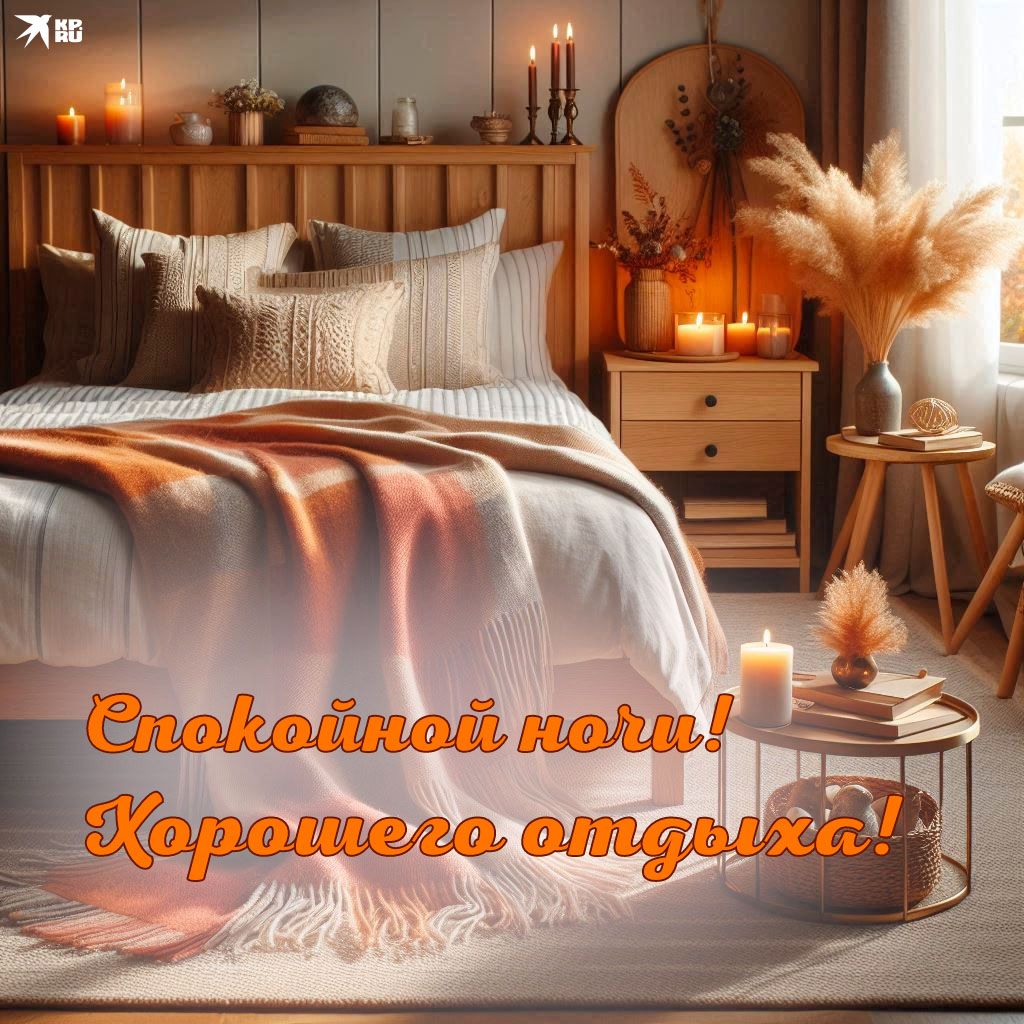 Открытка «Спокойной ночи»: Спокойной ночи: уютная спальня и свечи. Тэги: Спокойной ночи, красивые, Спокойной ночи…