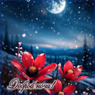 Открытка «Доброй ночи»: Доброй ночи: «Красные цветы на фоне луны».