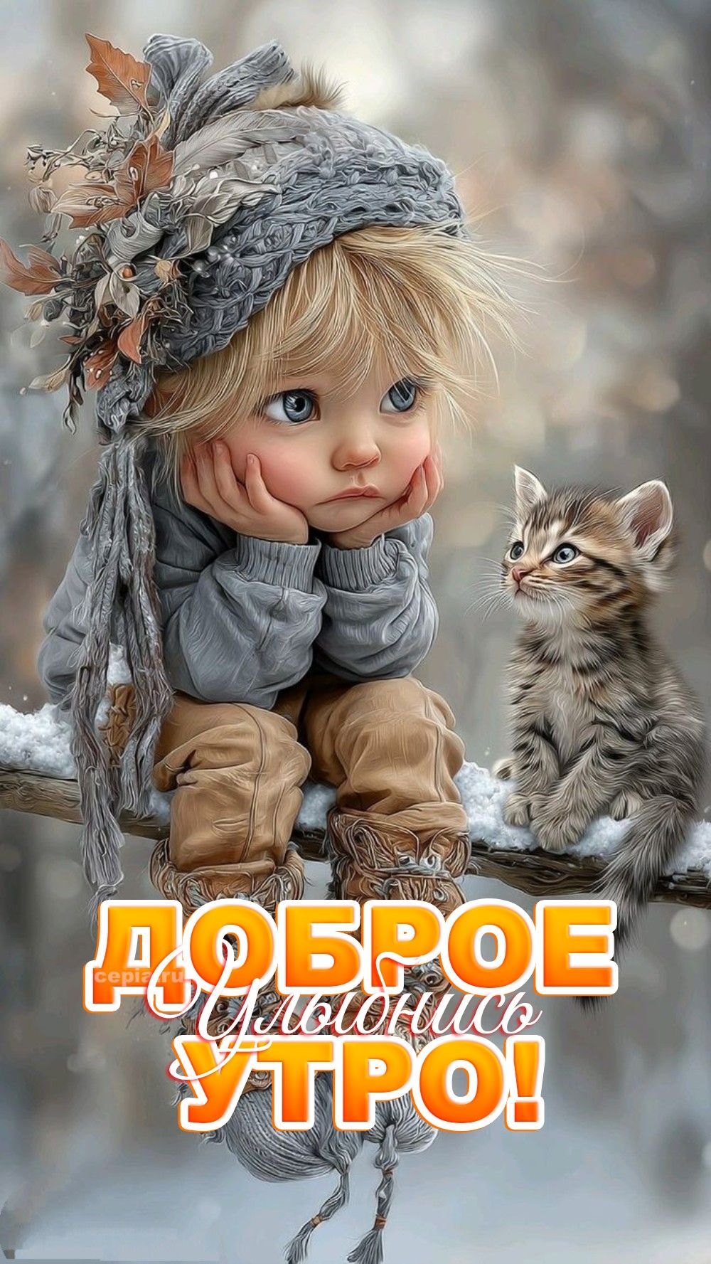 Открытка «С добрым утром»: Доброе утро: красивая открытка с малышом и котенком. Тэги: кот, животное, пожелание…