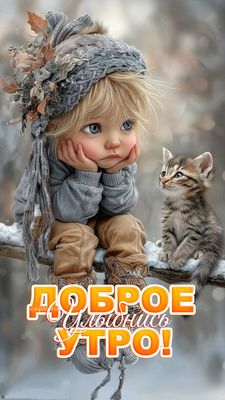 Открытка «С добрым утром»: Доброе утро: красивая открытка с малышом и котенком. Тэги: кот, животное, пожелание…