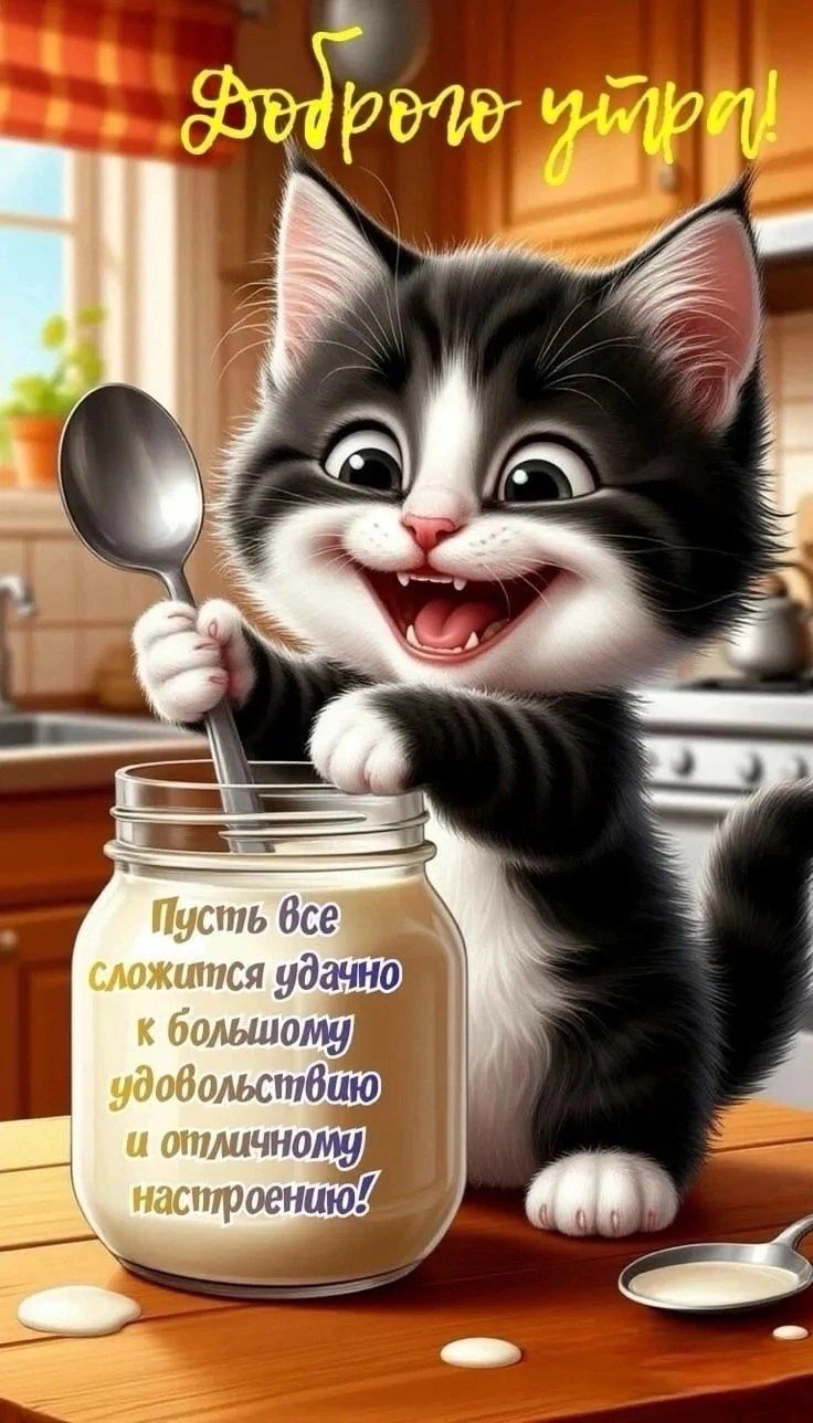 Открытка «С добрым утром»: С Добрым Утром от милого котёнка: удачи и настроения!. Тэги: хорошего дня, кот, животное…