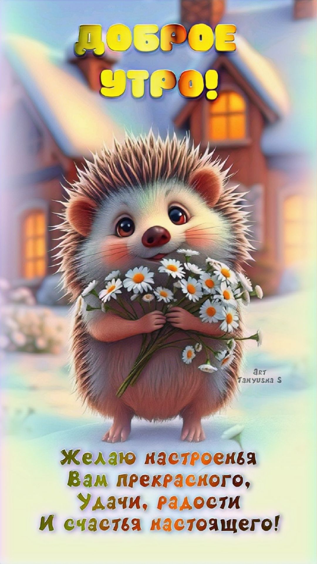 Открытка «С добрым утром»: Доброе утро с милым ёжиком и букетом ромашек. Тэги: животное, пожелание, позитивная, улыбка…
