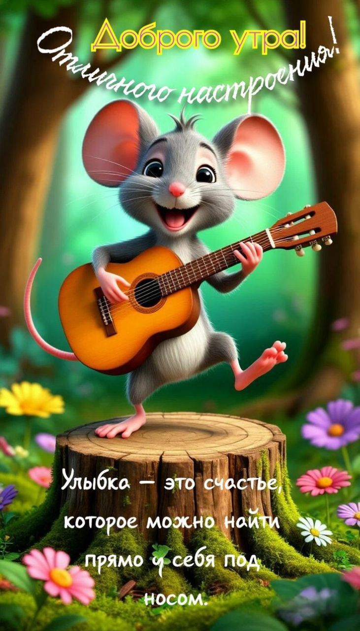 Открытка «С добрым утром»: Доброе утро с музыкой и улыбкой от мышонка!. Тэги: хорошего дня, животное, гитара, пожелан…
