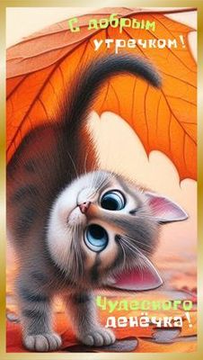 Открытка «С добрым утром»: Милый котёнок: С добрым утром и чудесного дня!. Тэги: кот, животное, пожелание, осень…