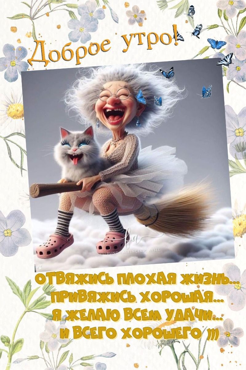 Открытка «С добрым утром»: Позитивное утро: бабушка, кот и удача!. Тэги: кот, животное, пожелание, позитивная, отличн…