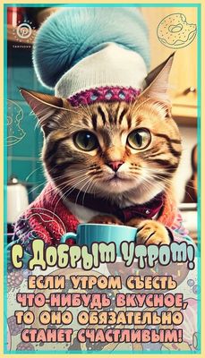 Открытка «С добрым утром»: С добрым утром: милый кот, вкусняшки и счастье!. Тэги: кот, животное, пожелание, позитивная…