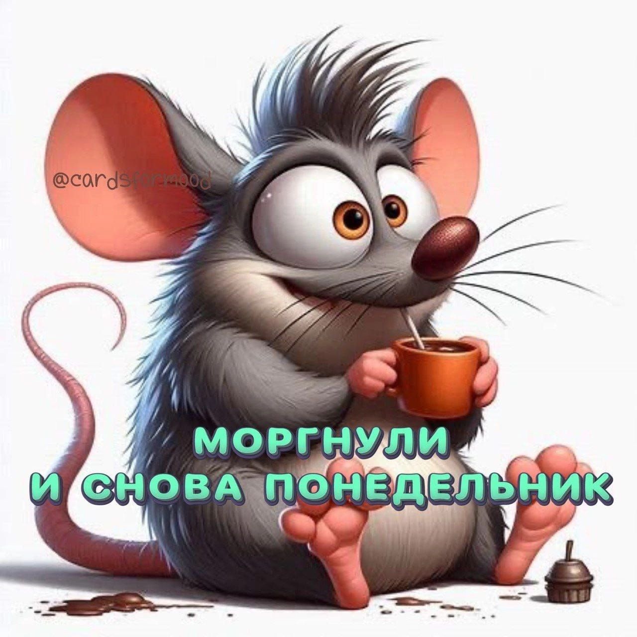 Открытка «С добрым утром»: С добрым утром! Мышонок, кофе и снова понедельник. Тэги: хорошего дня, животное, пожелание…