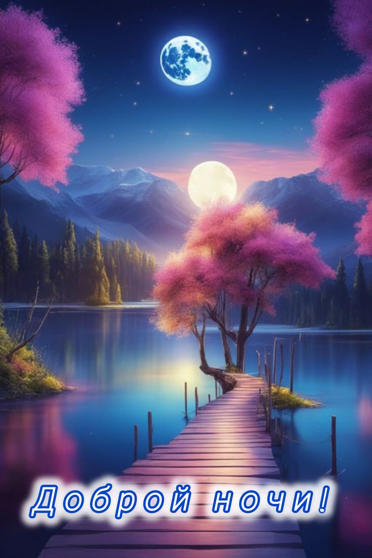 Открытка «Доброй ночи»: Доброю ночи! Красивый пейзаж с луной и озером. Тэги: Спокойной ночи, Спокойной ночи, красивые…