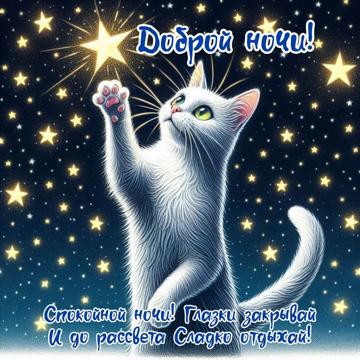 Открытка «Доброй ночи»: Доброй ночи! Открытка с котом и звездами. Тэги: Спокойной ночи, Спокойной ночи, с пожеланиями…