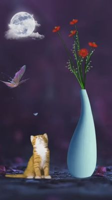 Открытка «Доброй ночи»: Доброй ночи: Котенок, луна и цветы. Тэги: Спокойной ночи, Спокойной ночи, красивые, Спокойной…