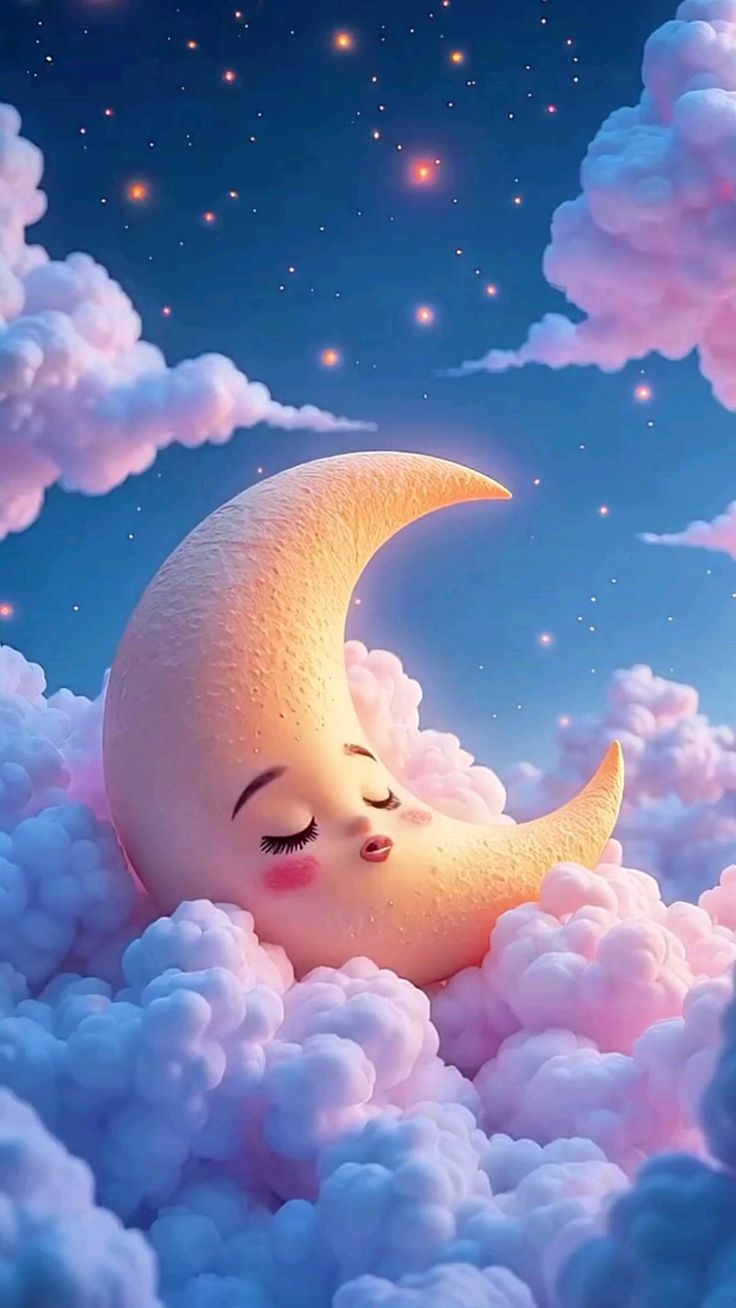 Открытка «Доброй ночи»: Доброй ночи: Сказочная луна спит в облаках.