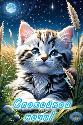 Открытка «Спокойной ночи»: Спокойной ночи: милый кот смотрит на луну. Тэги: Спокойной ночи, красивые, Спокойной ночи…