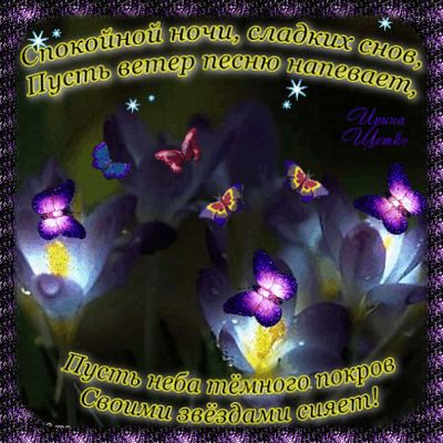 Открытка «Спокойной ночи»: Спокойной ночи: сказочные цветы и бабочки. Тэги: Спокойной ночи, красивые, Спокойной ночи…