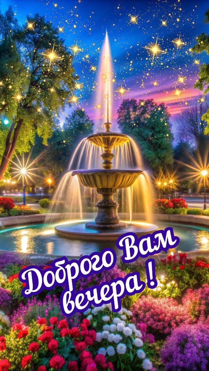 Открытка «Клумба»: Добрый вечер: Волшебный парк с фонтаном и цветами. Тэги: Добрый вечер и пожелания, Добрый вечер кр…