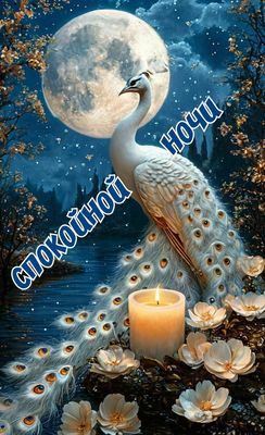 Открытка «Спокойной ночи»: «Спокойной ночи»: Павлин при свете огромной луны. Тэги: Спокойной ночи, красивые, Спокойно…