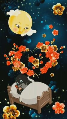 Открытка «Доброй ночи»: Спокойной ночи: Сказочный сон под месяцем и цветами. Тэги: Спокойной ночи, Спокойной ночи…