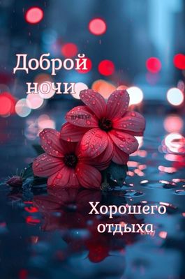 Открытка «Доброй ночи»: Доброй ночи: Красные цветы и капли дождя. Тэги: пожелание, надпись, красивый, отдых, цветок…