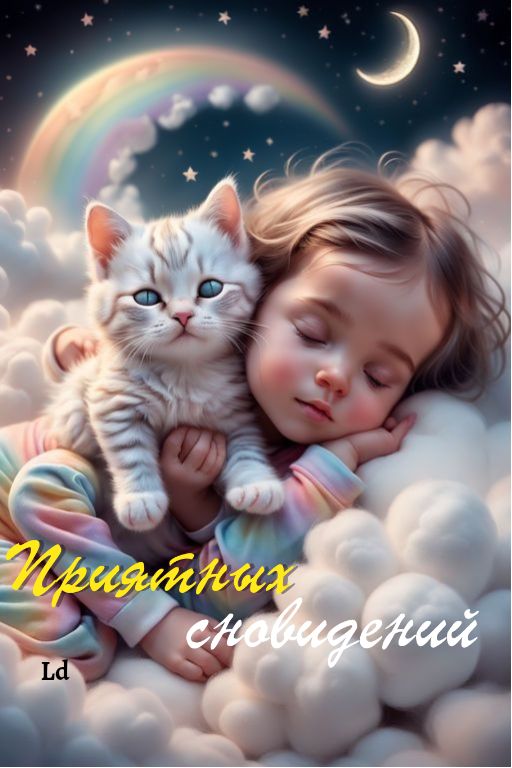 Открытка «Доброй ночи»: Доброй ночи: милая открытка с девочкой и котом.