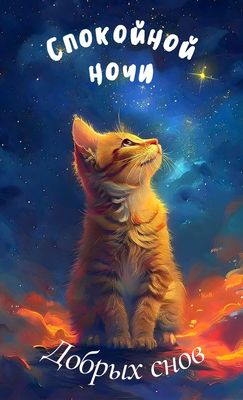 Открытка «Доброй ночи»: Спокойной ночи: милый кот смотрит на звездное небо. Тэги: Спокойной ночи, Спокойной ночи…